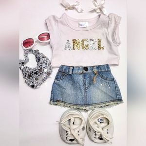 Build A Bear BABW White Sequin Top Denim Skirt White Skechers Purse Sunglasses
